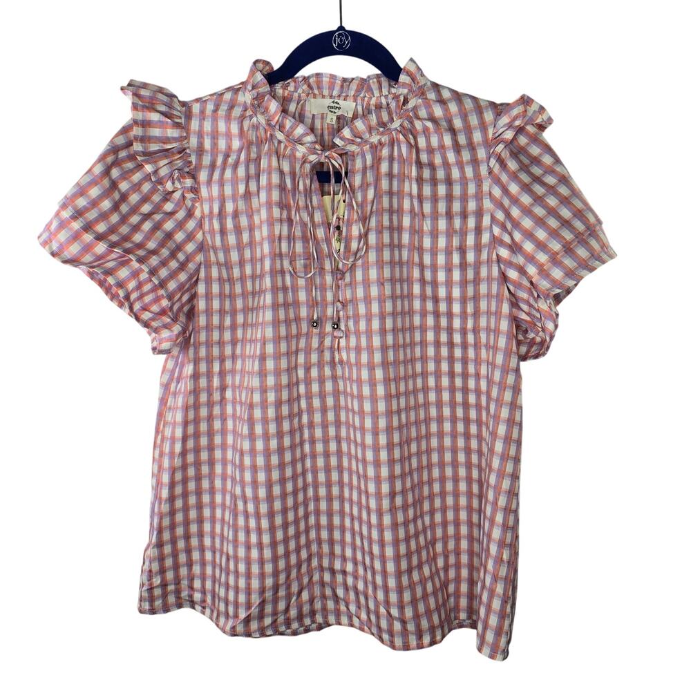 entro Pink and White Gingham Ruffle Tie-Neck Blouse